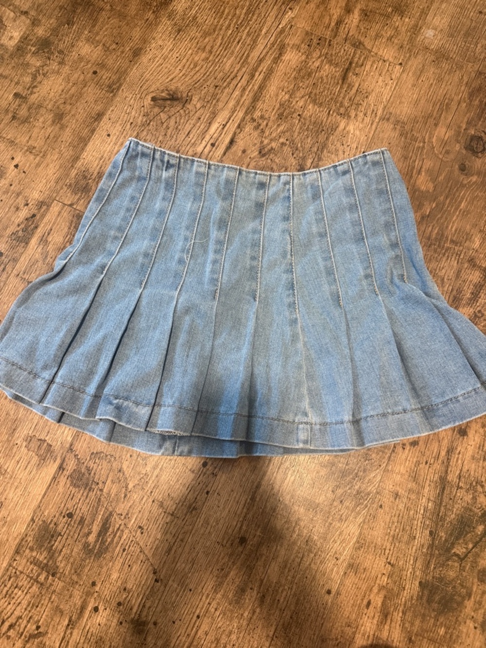 Light Blue Denim Pleated Mini Skirt - Women